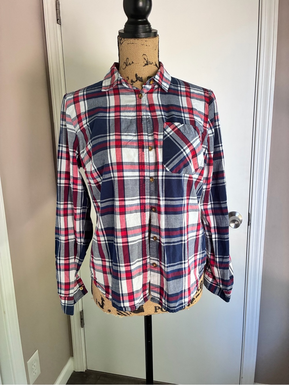 Primark Navy, Red & White Plaid Button-Down Shirt